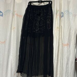 Boundary & Co Black Silk Scattered Rhinestones Lace & Sheer Maxi Skirt - Women M